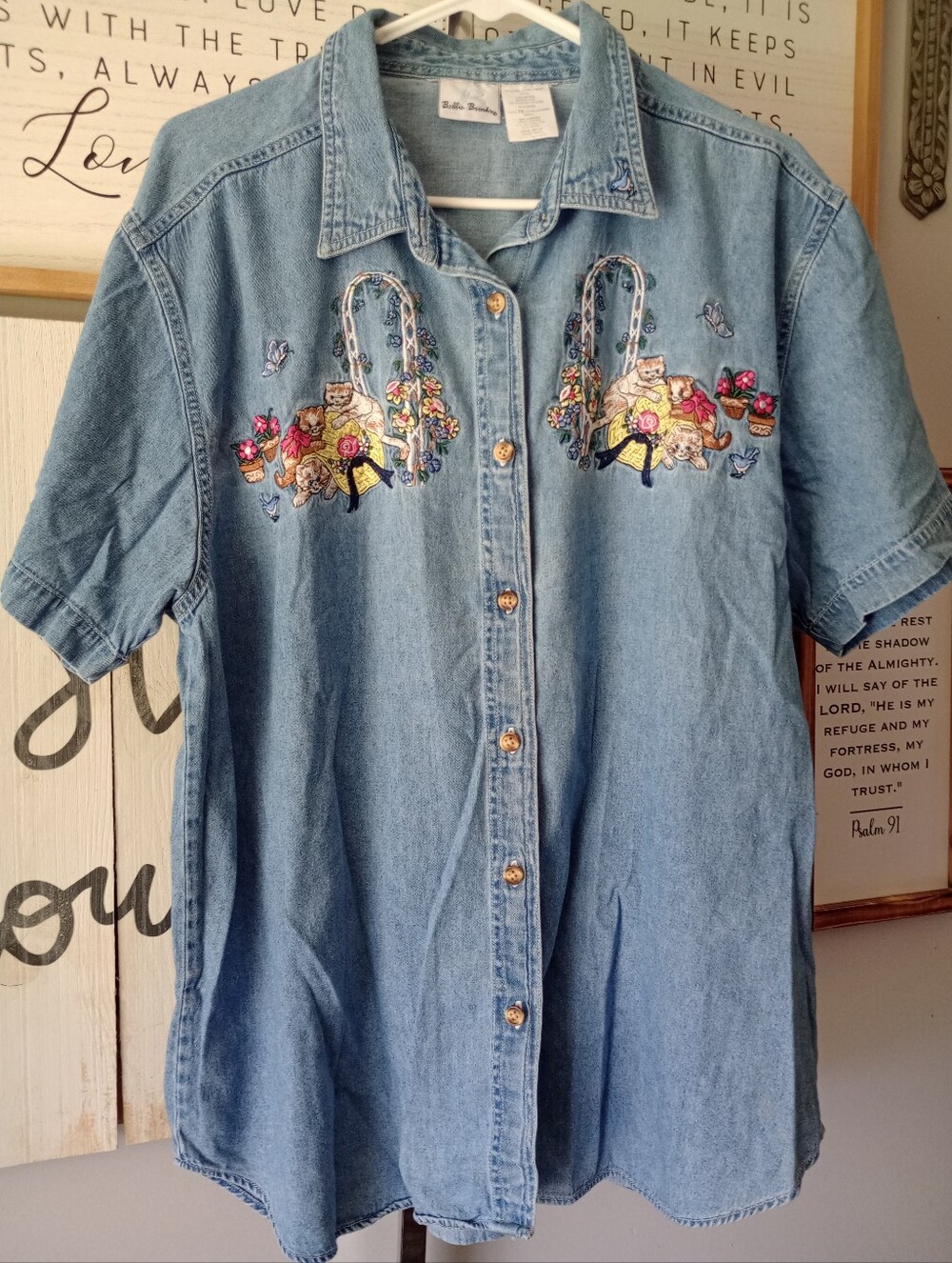 Vintage Grannycore Denim Shirt Size XL Women's Kitten Cat Shirt Button Down Top